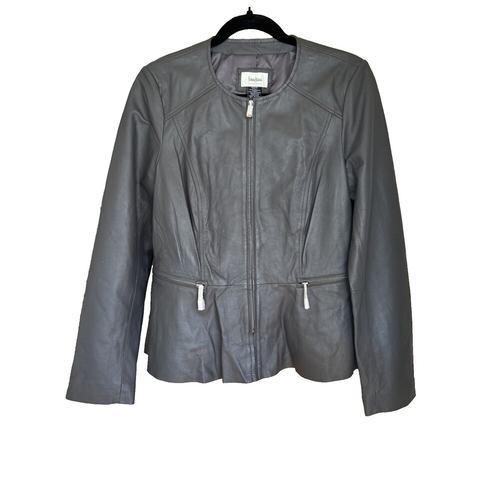 Neiman Marcus Women's Gray Soft Leather Silver Zip-Front Jacket Size M NEW